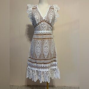 NWT Michael Kors medallion White Lace lined V-Neck Midi Dress size XXS